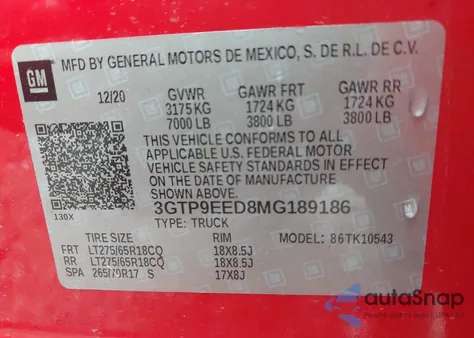 2021 GMC Sierra 1500 4Wd Short Box At4 from USA, damaged, VIN 3GTP9EED8MG189186